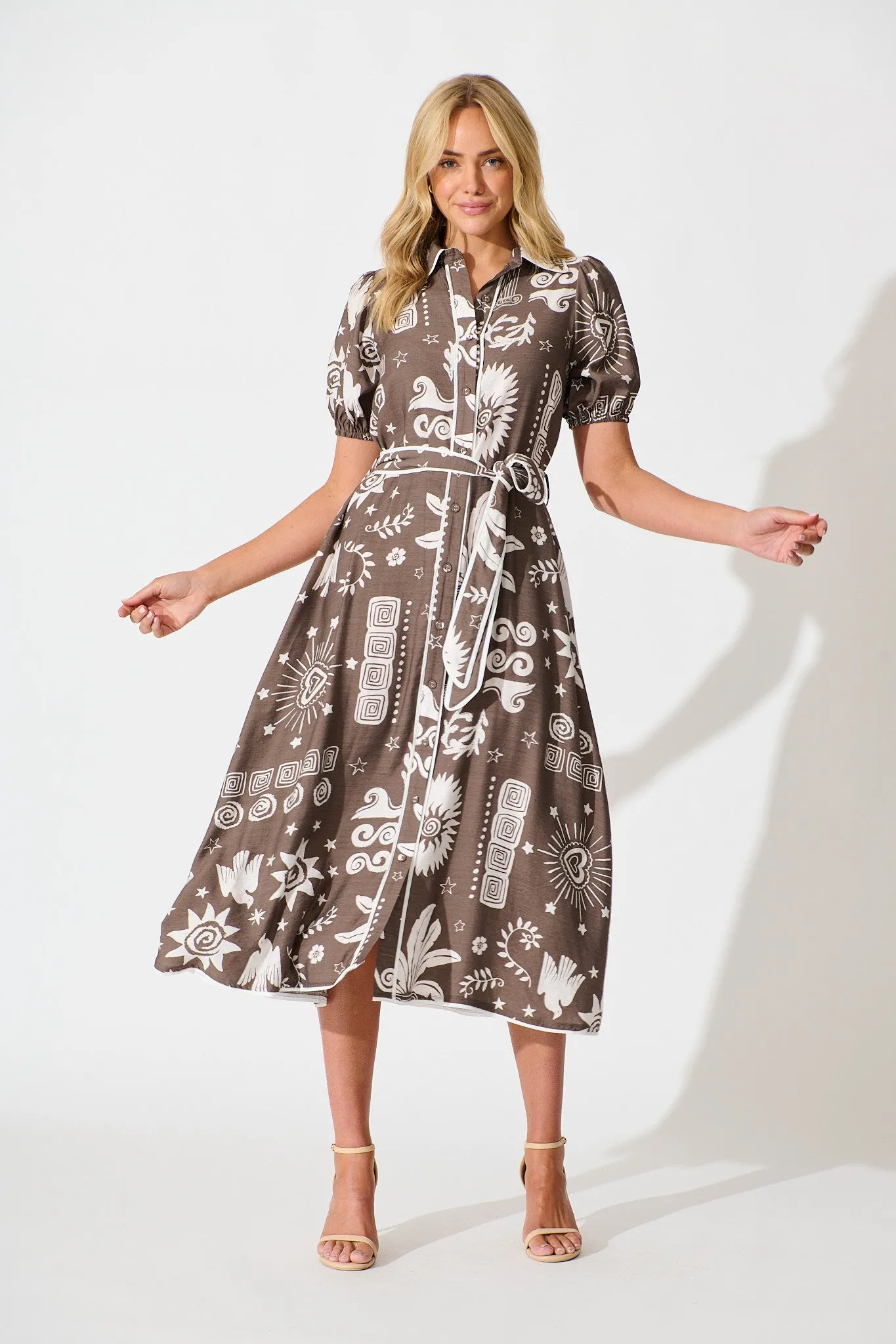 Norah Midi Shirt Dress in Mocha and White print sold by St Frock