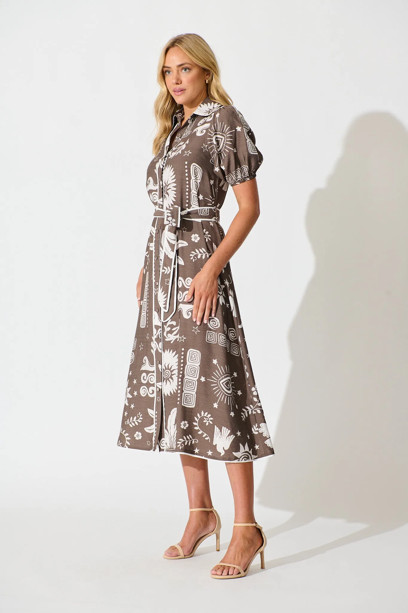 Norah Midi Shirt Dress in Mocha and White print sold by St Frock product image thumbnail 3