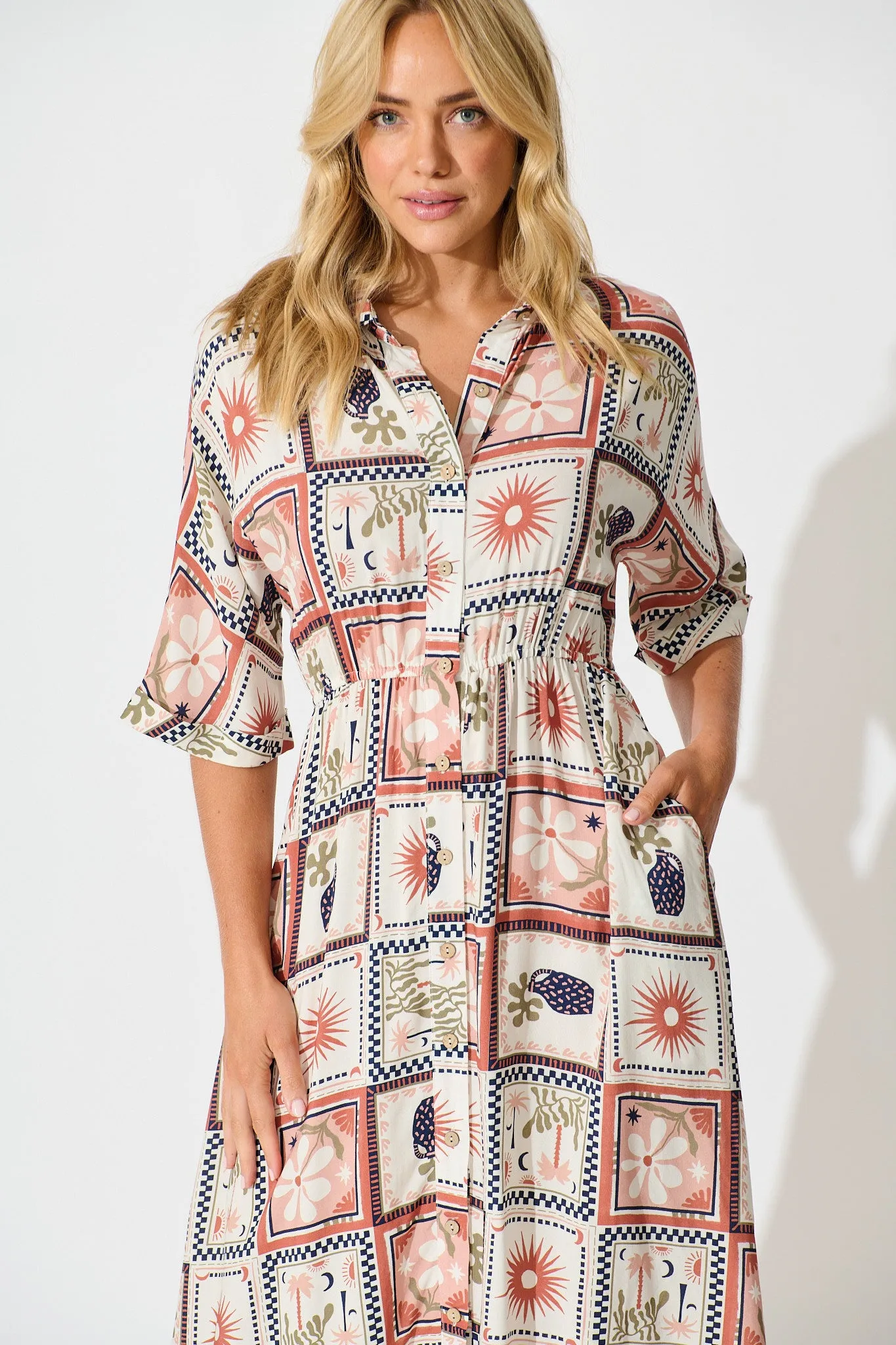 Charlotte Midi Shirt Dress In Cream With Rust Multi Patchwork Print sold by St Frock product image thumbnail 2