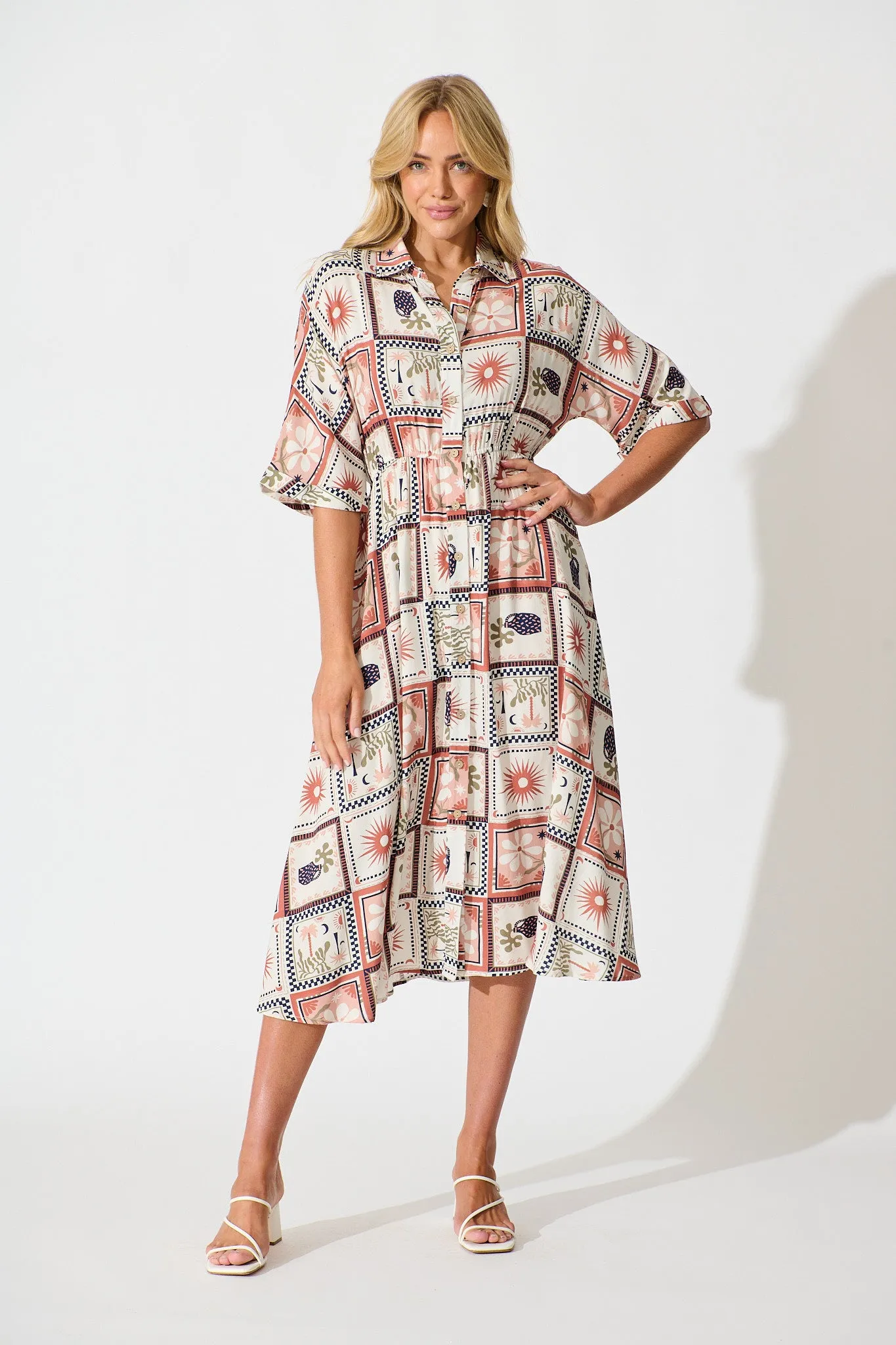Charlotte Midi Shirt Dress In Cream With Rust Multi Patchwork Print sold by St Frock
