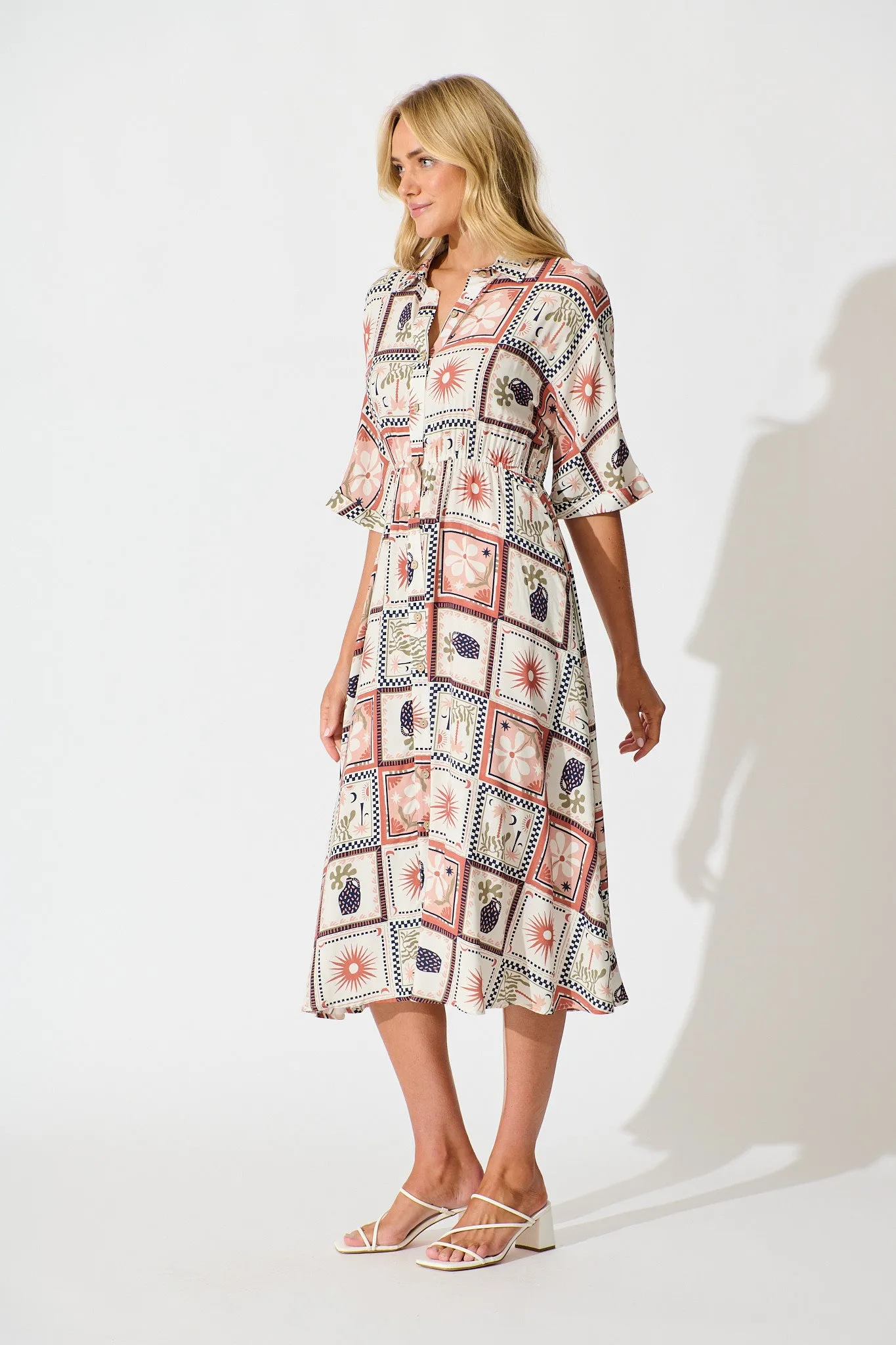 Charlotte Midi Shirt Dress In Cream With Rust Multi Patchwork Print sold by St Frock product image thumbnail 3