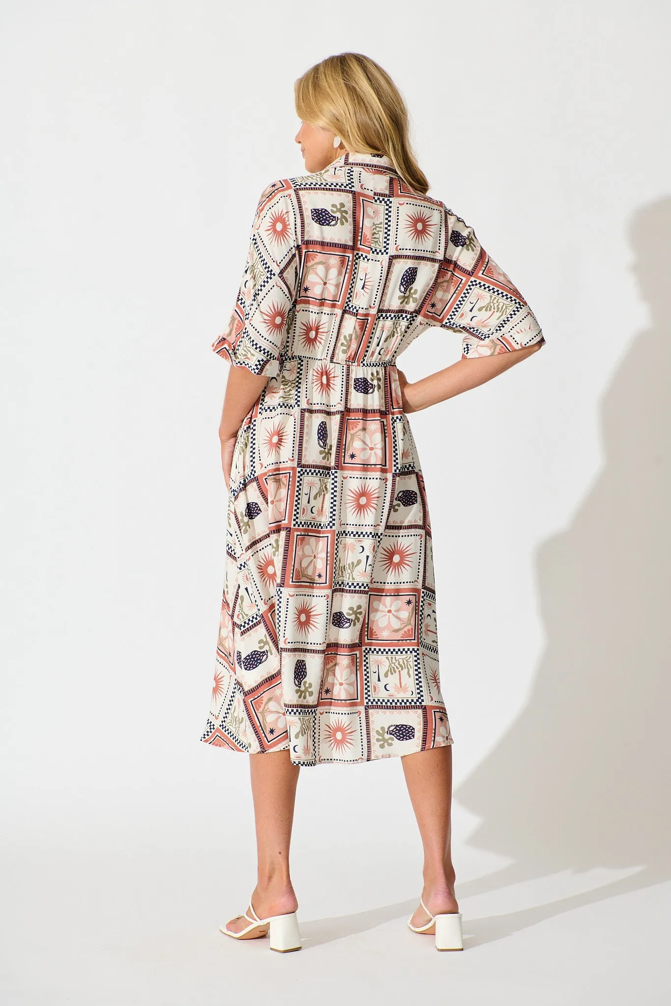 Charlotte Midi Shirt Dress In Cream With Rust Multi Patchwork Print sold by St Frock product image thumbnail 4