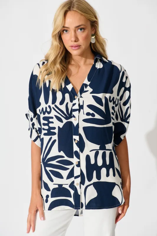 Celia Shirt in Navy and White Print sold by St Frock