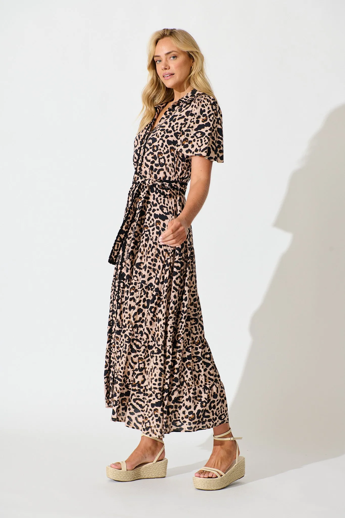 Roselle Maxi Shirt Dress in Brown Leopard Print sold by St Frock product image thumbnail 3