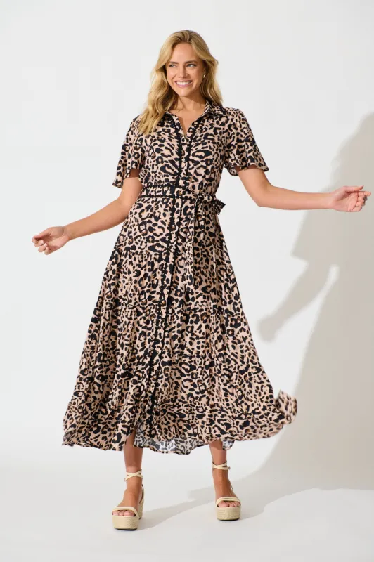 Roselle Maxi Shirt Dress in Brown Leopard Print sold by St Frock