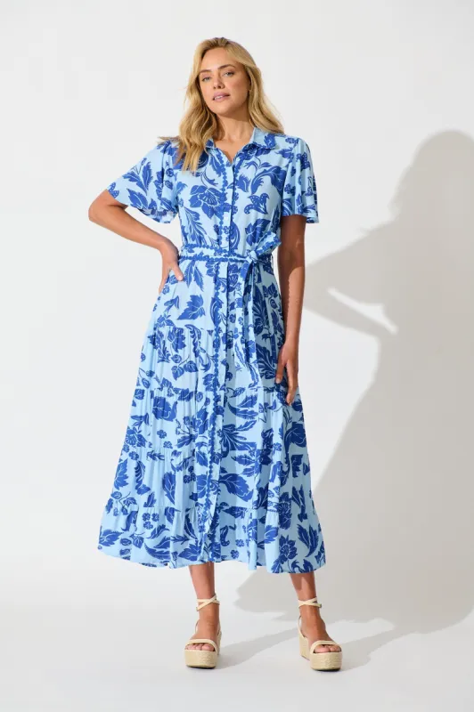 Roselle Maxi Shirt Dress in Blue Leaf Print sold by St Frock