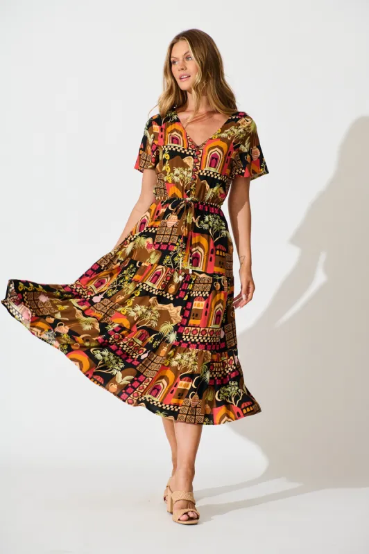 Laconia Midi Dress In Black Multi Print sold by St Frock