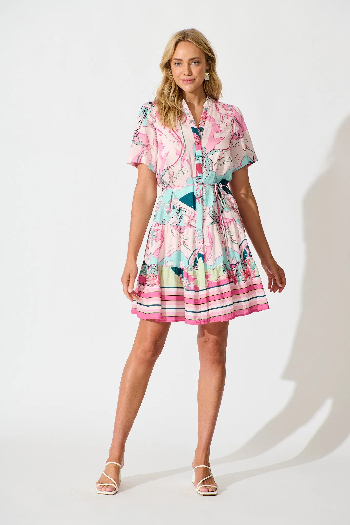 Flora Dress in Pink Multi Linen Blend sold by St Frock