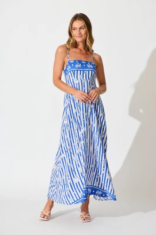 Willa Maxi Sundress in Blue and White Stripe Print sold by St Frock