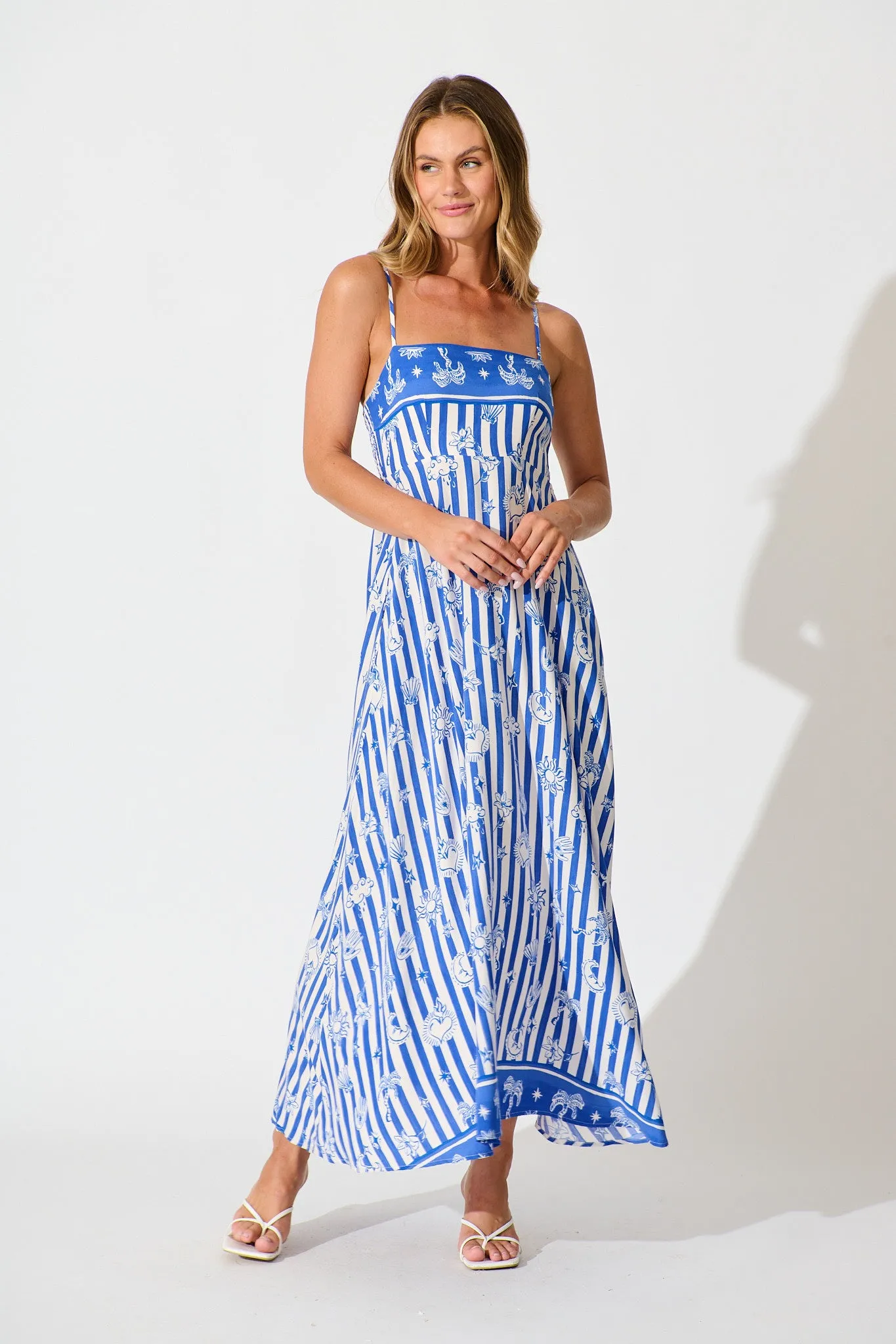 Willa Maxi Sundress in Blue and White Stripe Print sold by St Frock
