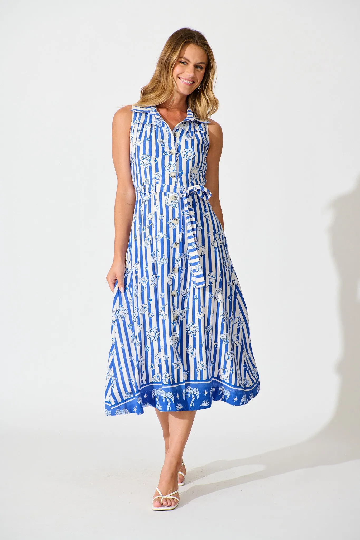 Eden Midi Shirt Dress in Blue and White Stripe Print sold by St Frock
