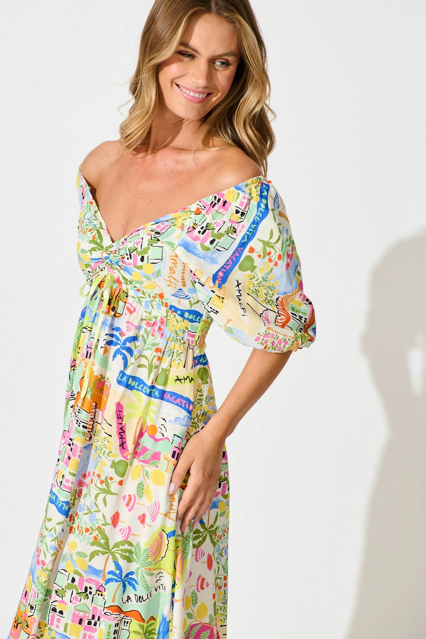 Coverdale Maxi Dress in White With Bright Multi Border Print sold by St Frock product image thumbnail 5
