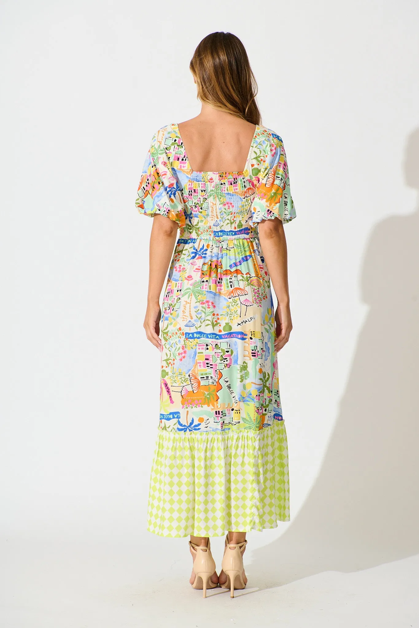Coverdale Maxi Dress in White With Bright Multi Border Print sold by St Frock product image thumbnail 4