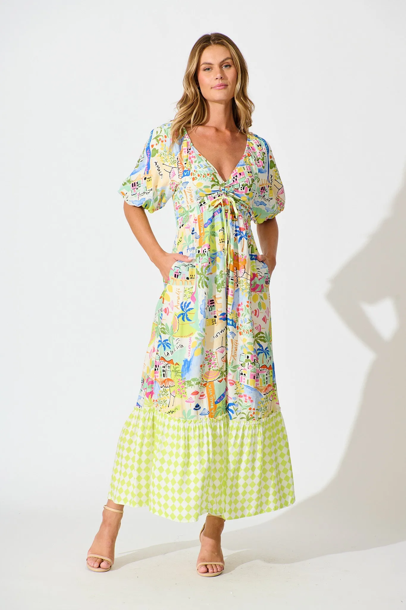 Coverdale Maxi Dress in White With Bright Multi Border Print sold by St Frock