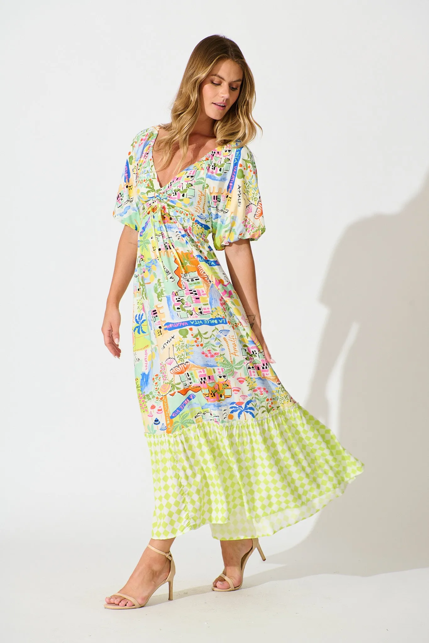 Coverdale Maxi Dress in White With Bright Multi Border Print sold by St Frock product image thumbnail 3