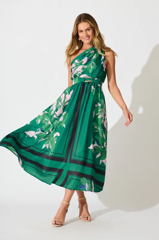 Bernadette One Shoulder Midi Dress In Green Swirl Print | Parallel