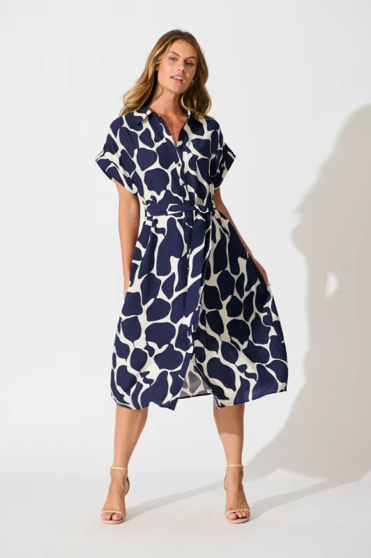 Sweet Talk Midi Shirt Dress in Navy and Cream Print sold by St Frock