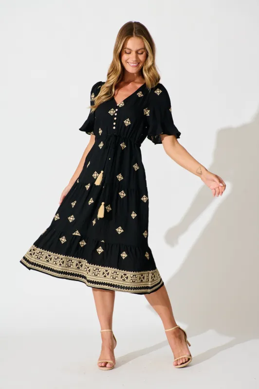 Lacie Midi Dress in Black with Beige Embroidery sold by St Frock