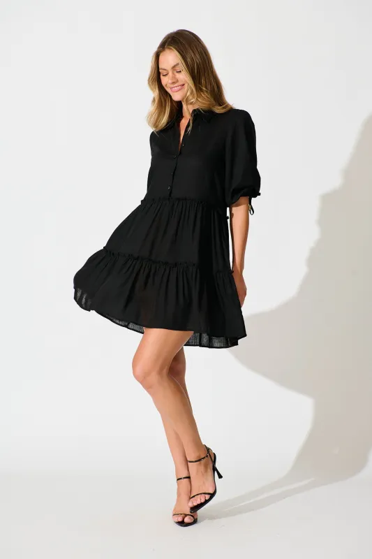 Layla Smock Dress in Black Linen Blend sold by St Frock