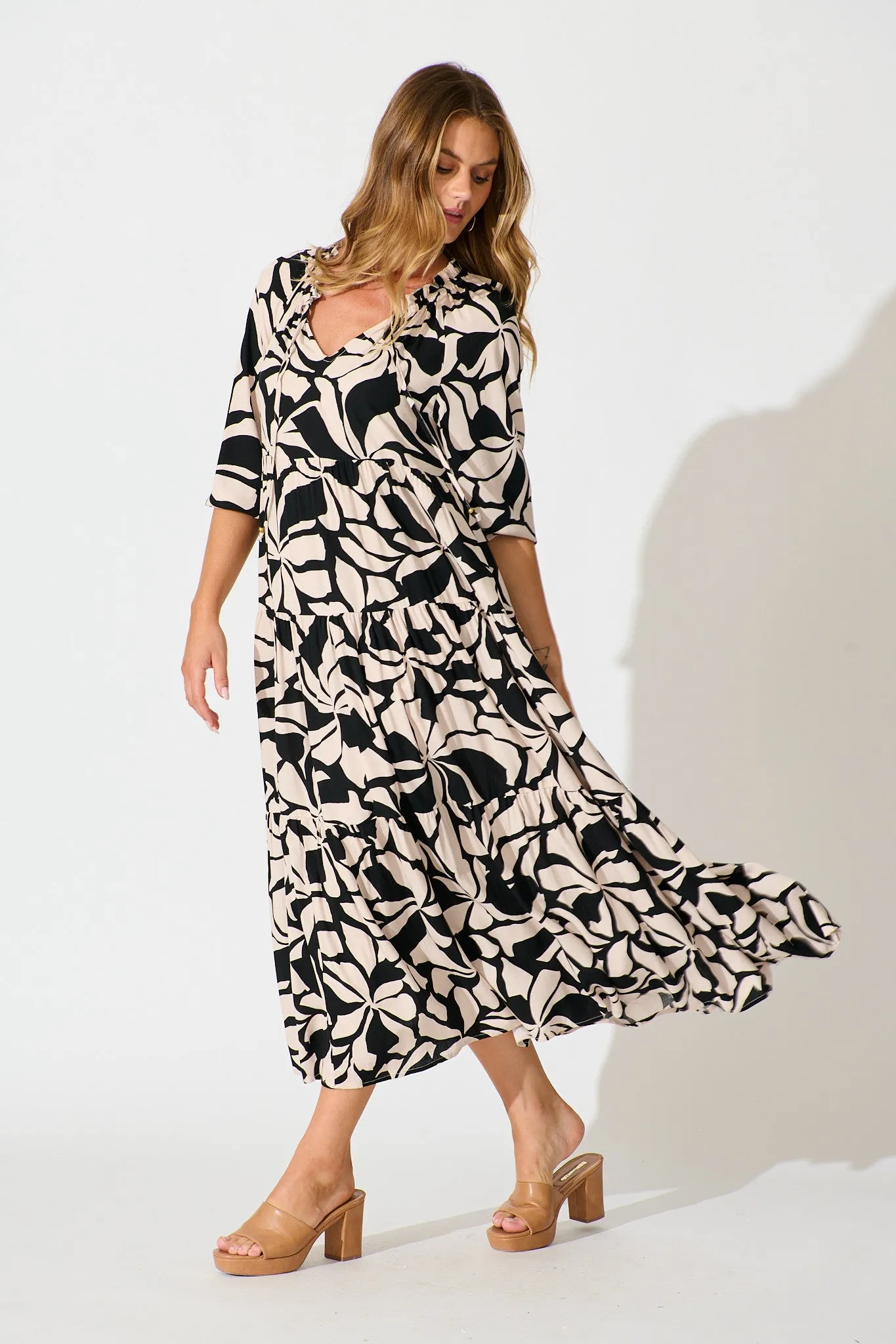 Brooke Maxi Smock Dress in Black and Cream Print sold by St Frock product image thumbnail 3