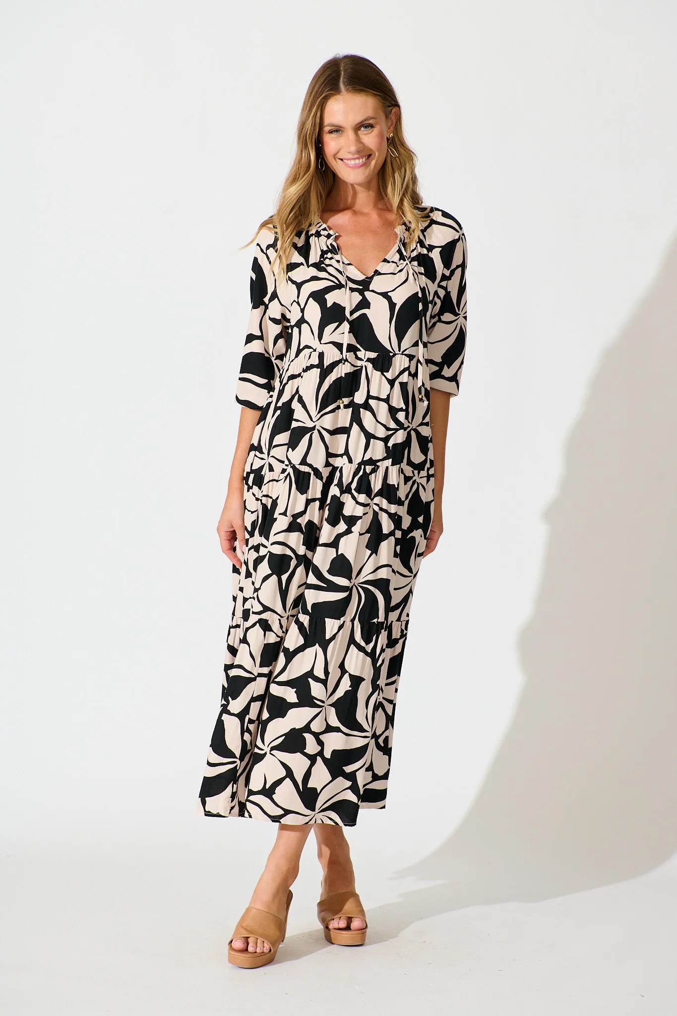 Brooke Maxi Smock Dress in Black and Cream Print sold by St Frock