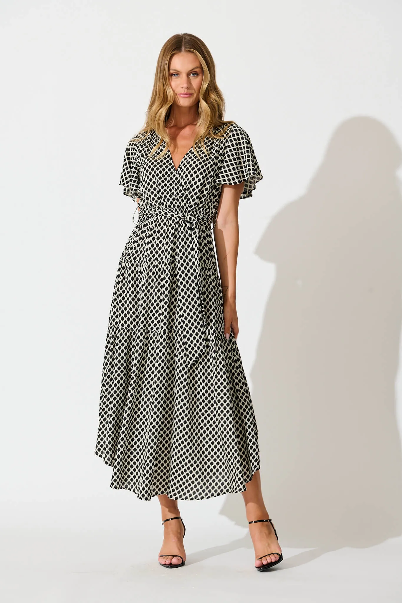 Heidi Maxi Dress in Black and Cream Geometric Print sold by St Frock