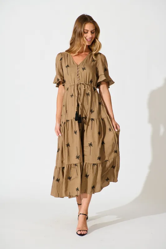 Dusk Midi Dress in Mocha with Palm Tree Embroidery sold by St Frock