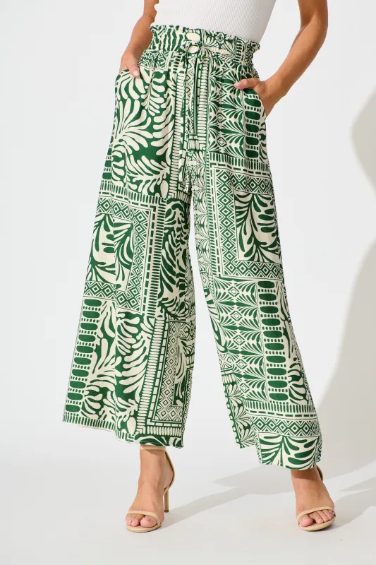 Goldie Wide Leg Pant in Green and Cream Tile Print sold by St Frock