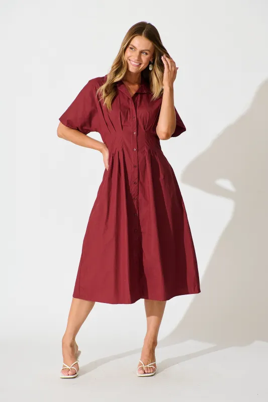 Alani Midi Shirt Dress in Wine Cotton sold by St Frock