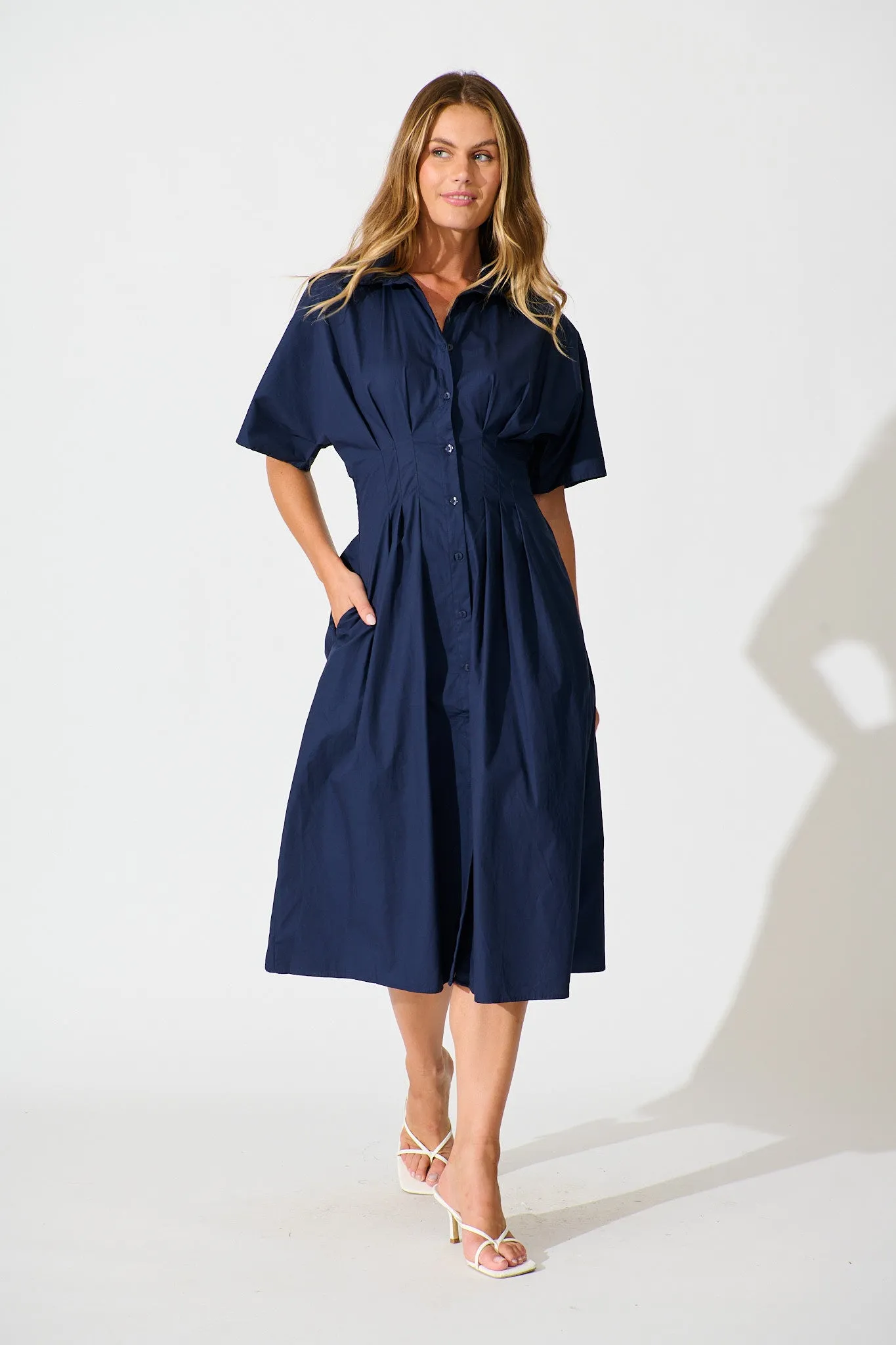 Alani Midi Shirt Dress in Navy Cotton sold by St Frock