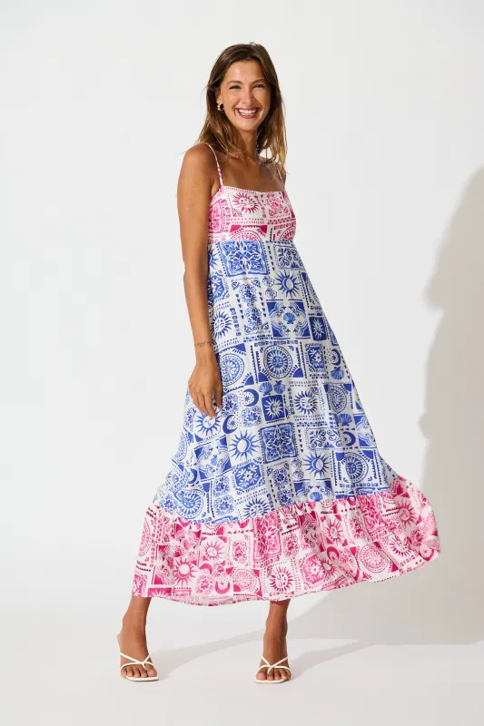 Jenna Maxi Sundress in Pink and Blue Tile Print sold by St Frock