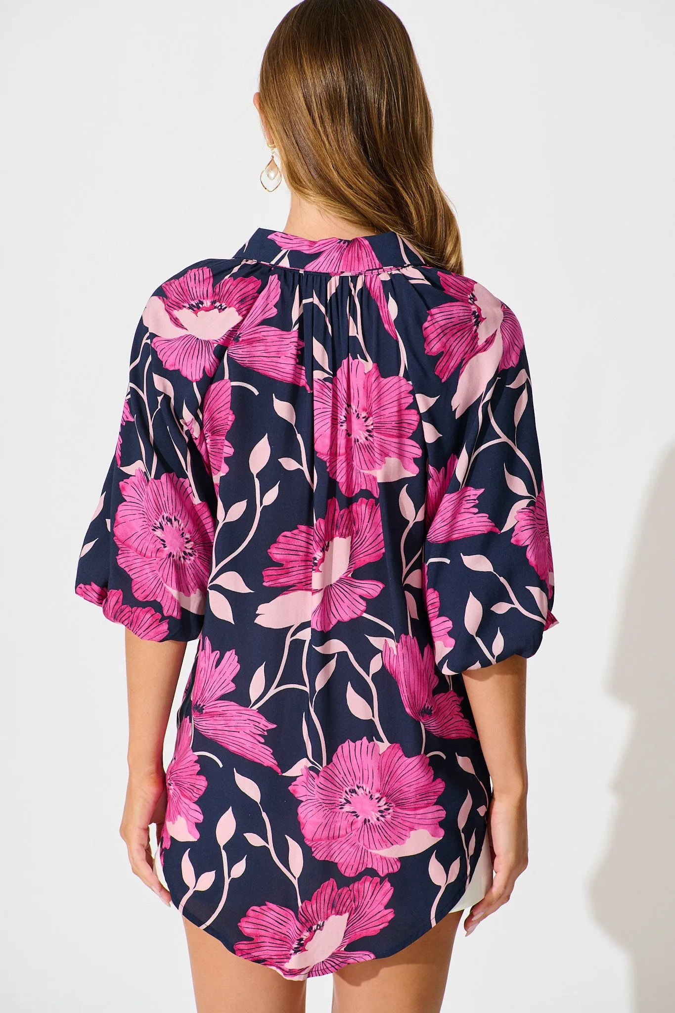 Anita Shirt In Navy with Pink Floral sold by St Frock product image thumbnail 3