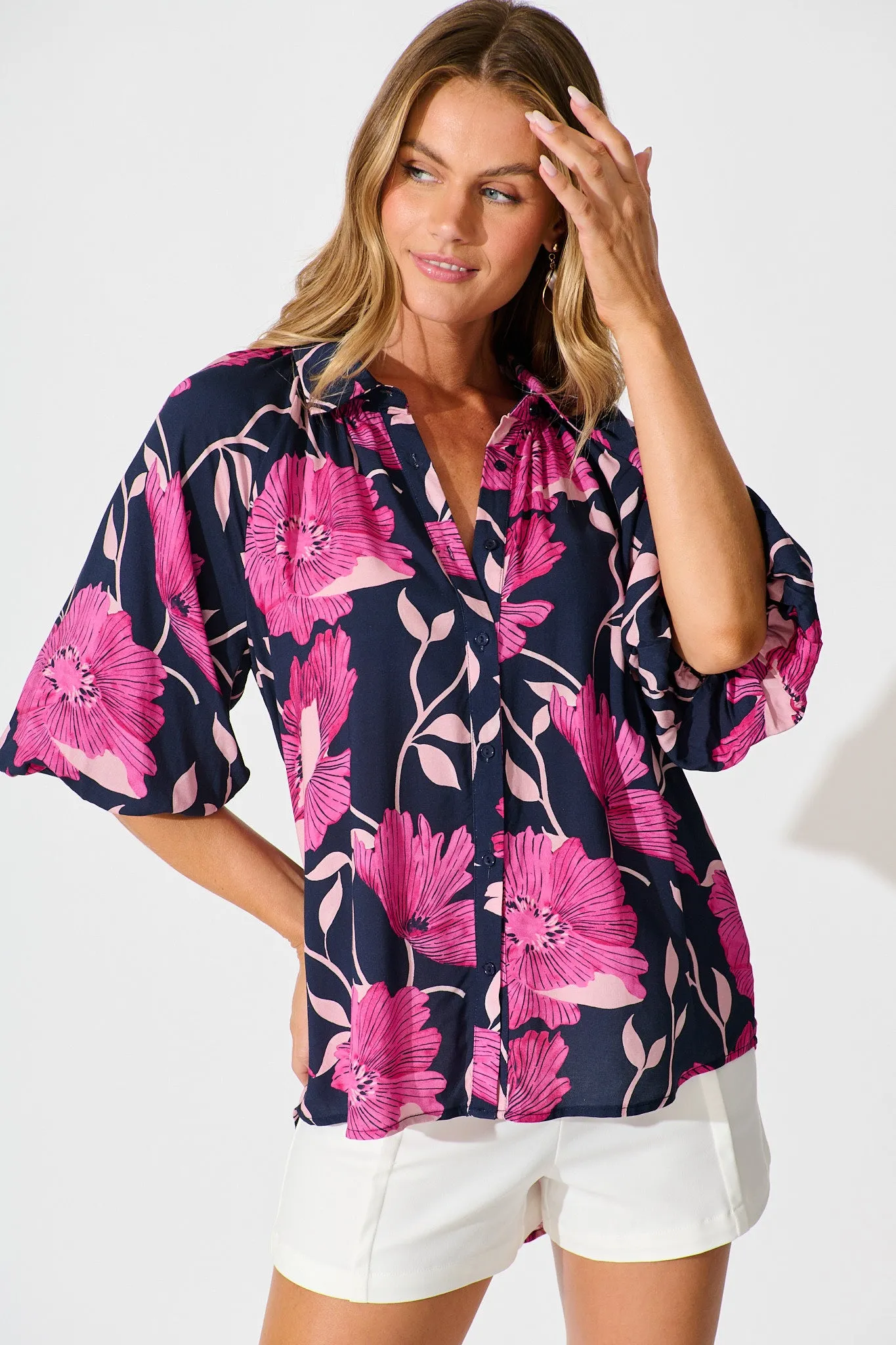 Anita Shirt In Navy with Pink Floral sold by St Frock