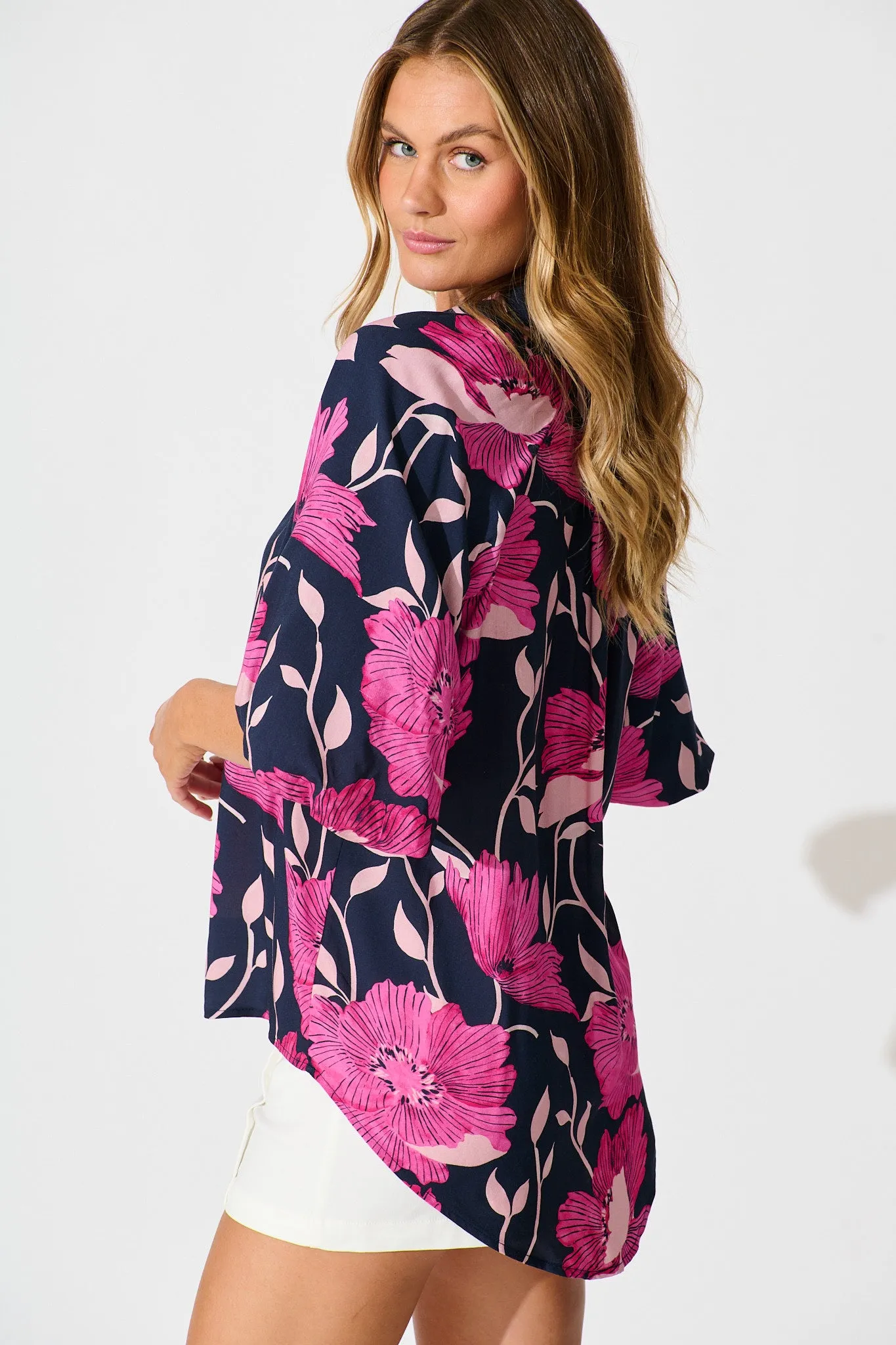 Anita Shirt In Navy with Pink Floral sold by St Frock product image thumbnail 2