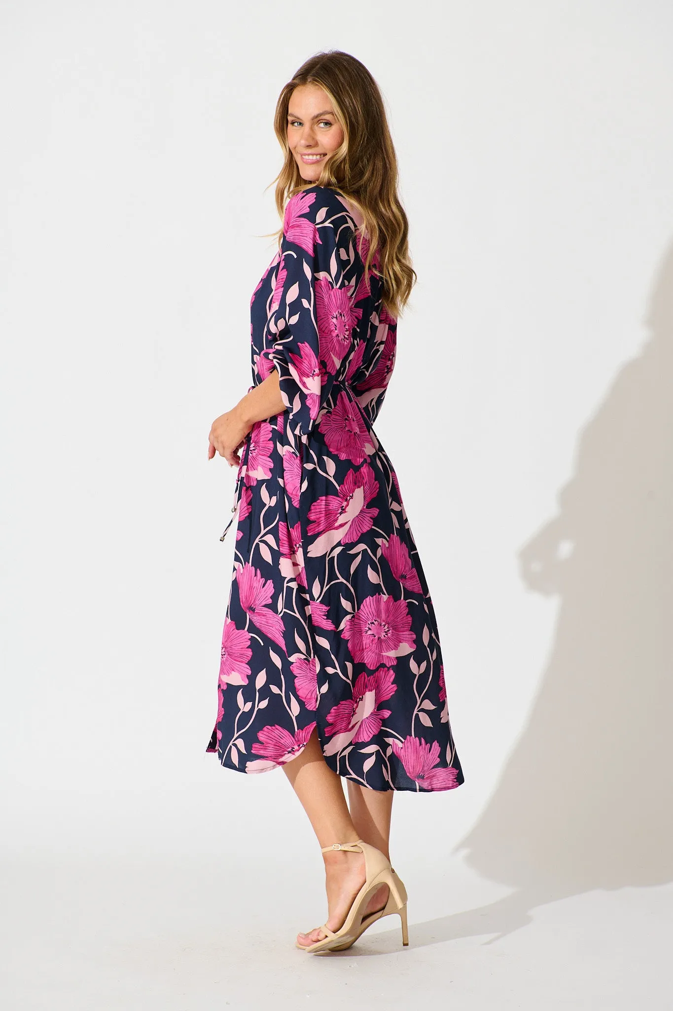 Sally Midi Shirt Dress In Navy with Pink Floral sold by St Frock product image thumbnail 3
