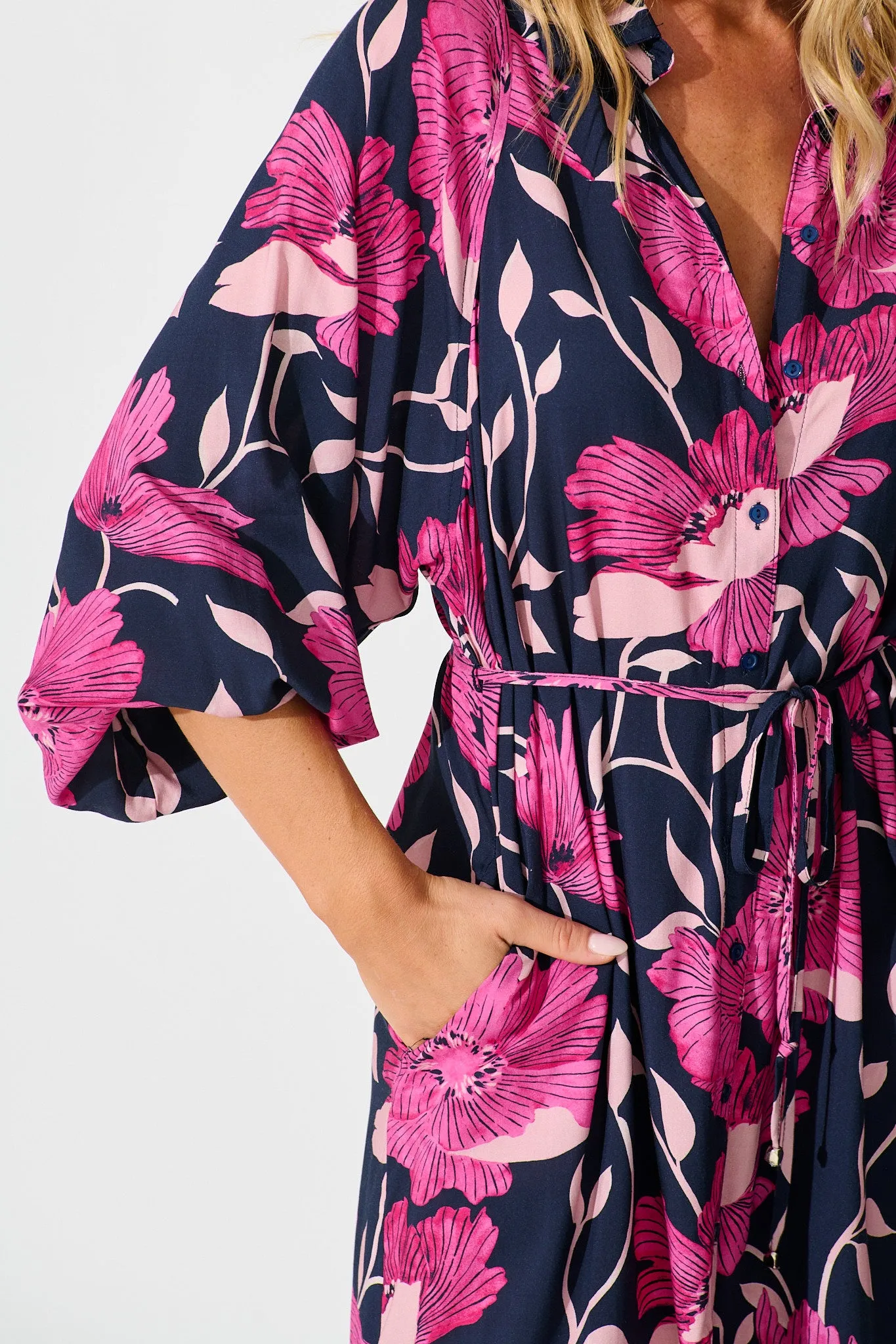 Sally Midi Shirt Dress In Navy with Pink Floral sold by St Frock product image thumbnail 5