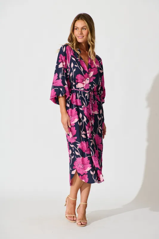 Sally Midi Shirt Dress In Navy with Pink Floral sold by St Frock