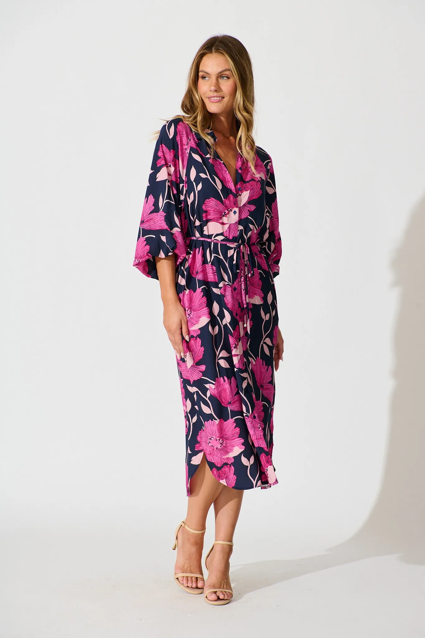 Sally Midi Shirt Dress In Navy with Pink Floral sold by St Frock