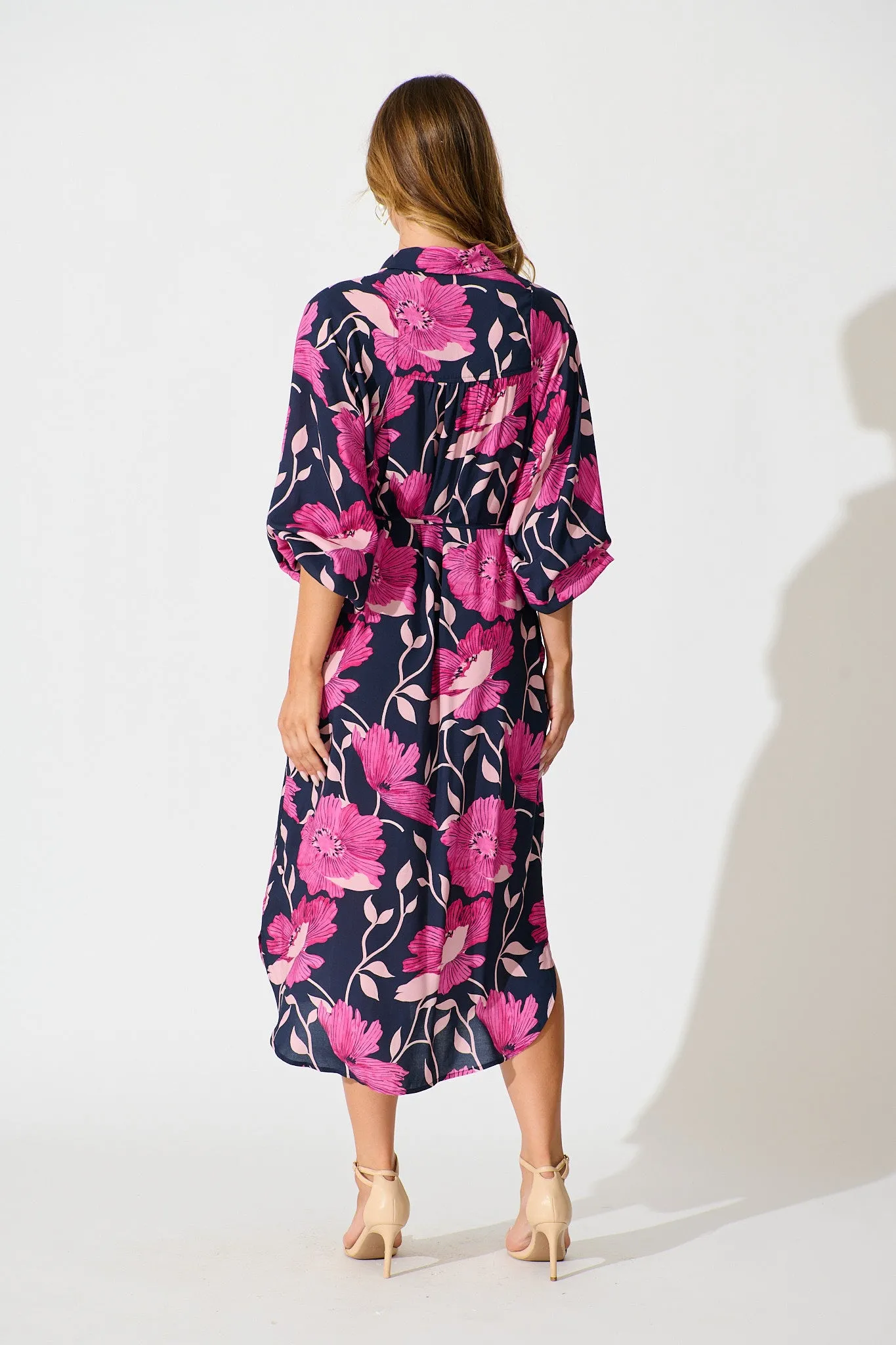 Sally Midi Shirt Dress In Navy with Pink Floral sold by St Frock product image thumbnail 4