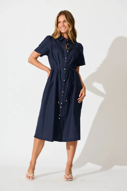 PRE ORDER Oatland Midi Shirt Dress In Navy Cotton Linen sold by St Frock