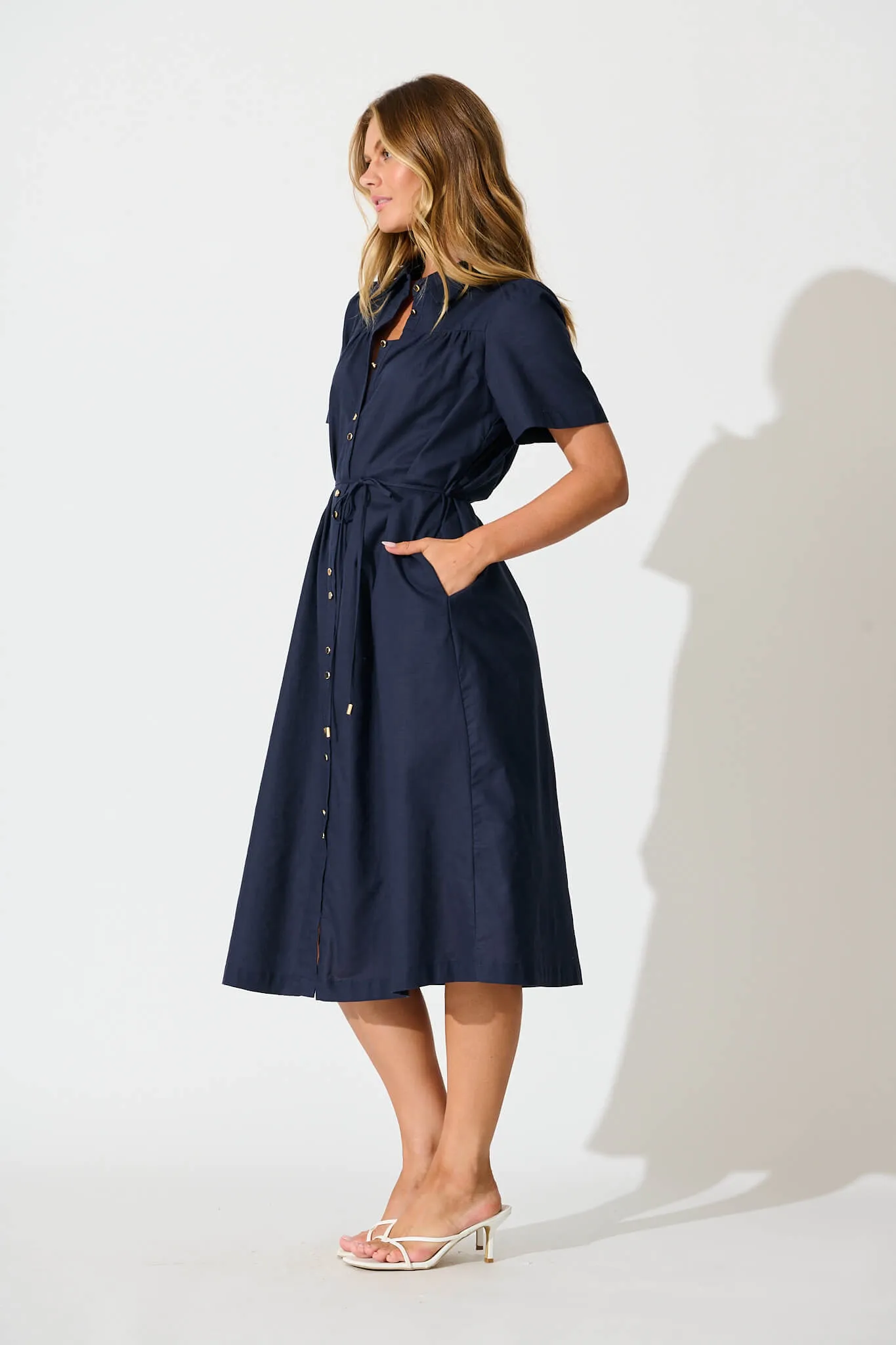 Oatland Midi Shirt Dress In Navy Cotton Linen sold by St Frock product image thumbnail 3
