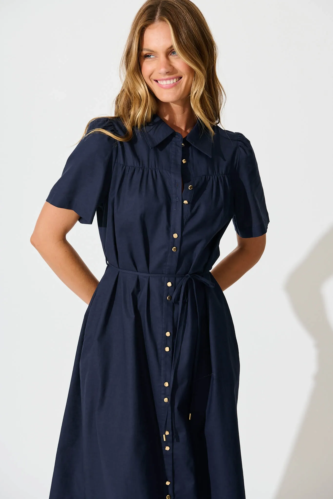 Oatland Midi Shirt Dress In Navy Cotton Linen sold by St Frock product image thumbnail 2
