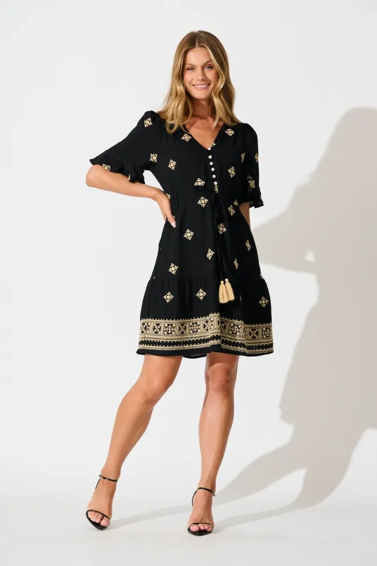 Reagan Dress in Black with Cream Embroidery sold by St Frock