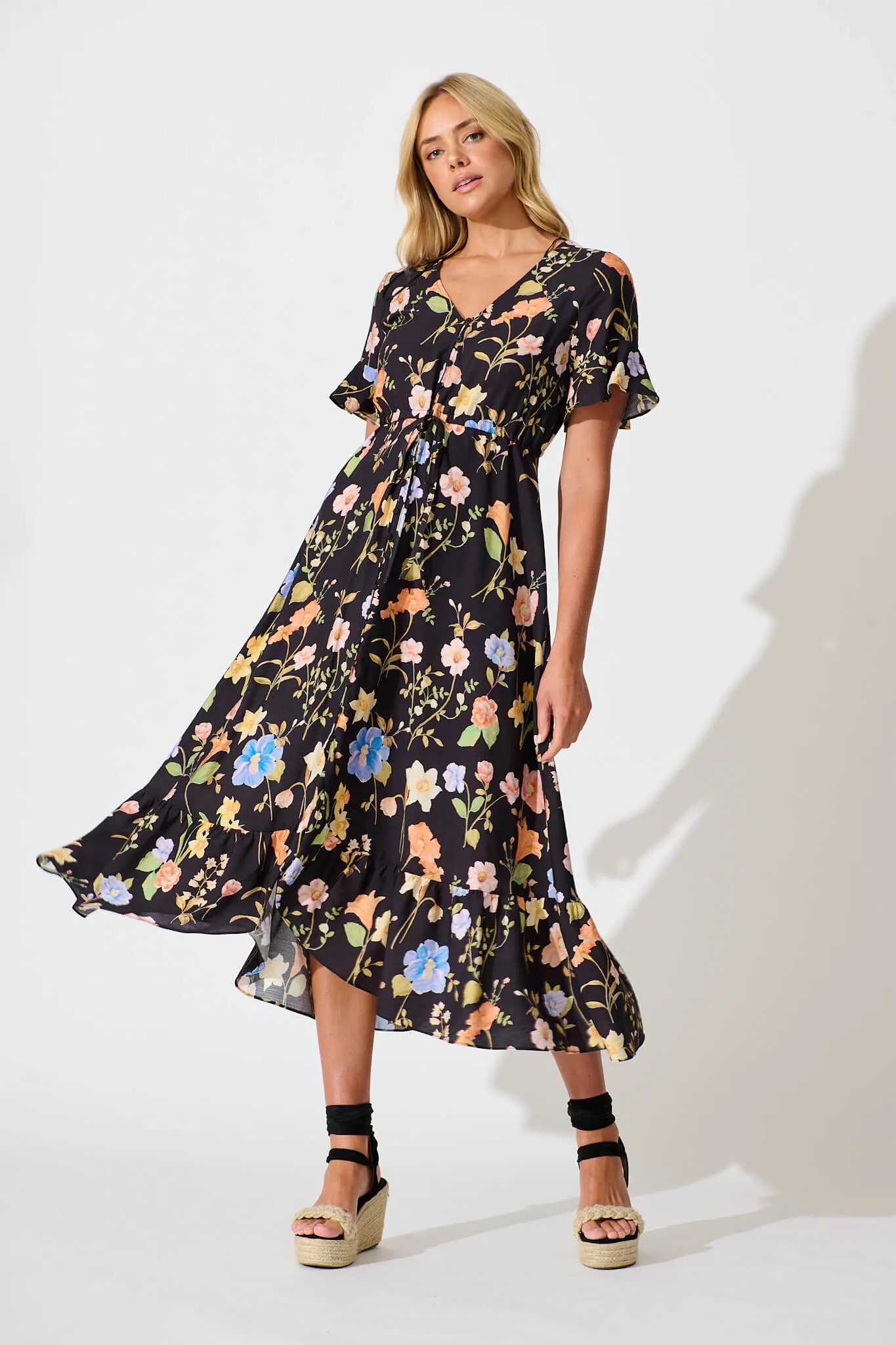 Ellie Midi Dress in Black with Multi Floral sold by St Frock