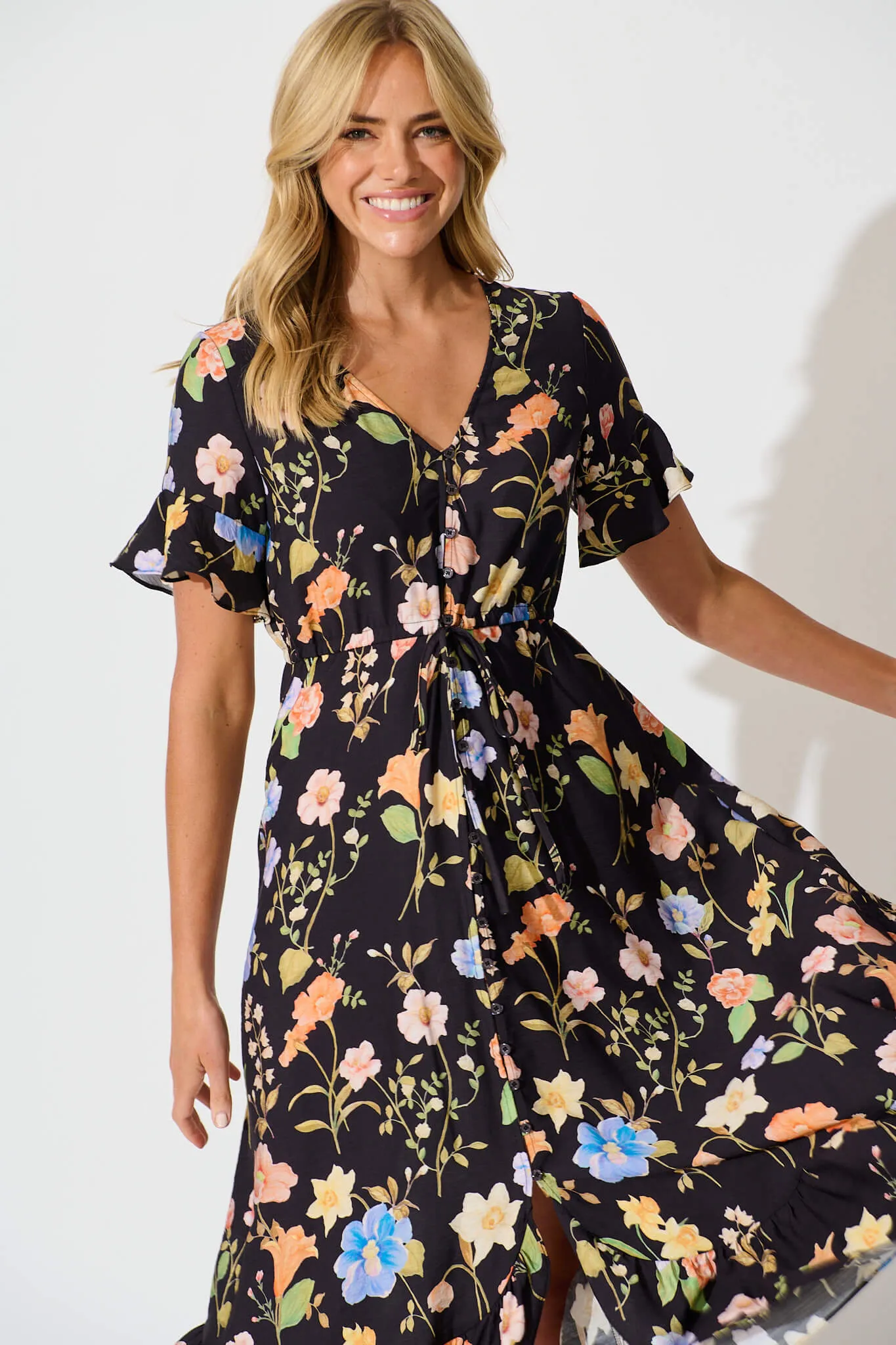 Ellie Midi Dress in Black with Multi Floral sold by St Frock product image thumbnail 2