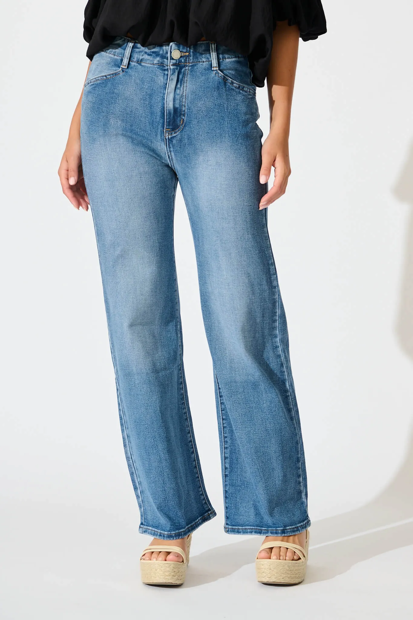 Maxille High Rise Wide Leg Jean in Mid Blue Denim sold by St Frock