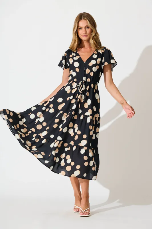 Saturday Midi Dress In Black with Cream Spot sold by St Frock