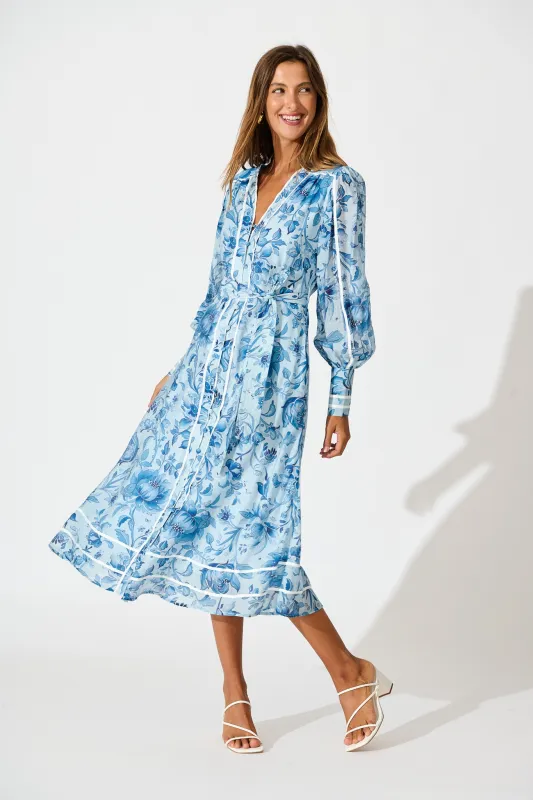 Darlington Midi Dress in Blue Floral sold by St Frock