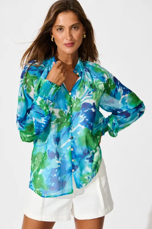 Brielle Top in Blue and Multi Print Chiffon sold by St Frock