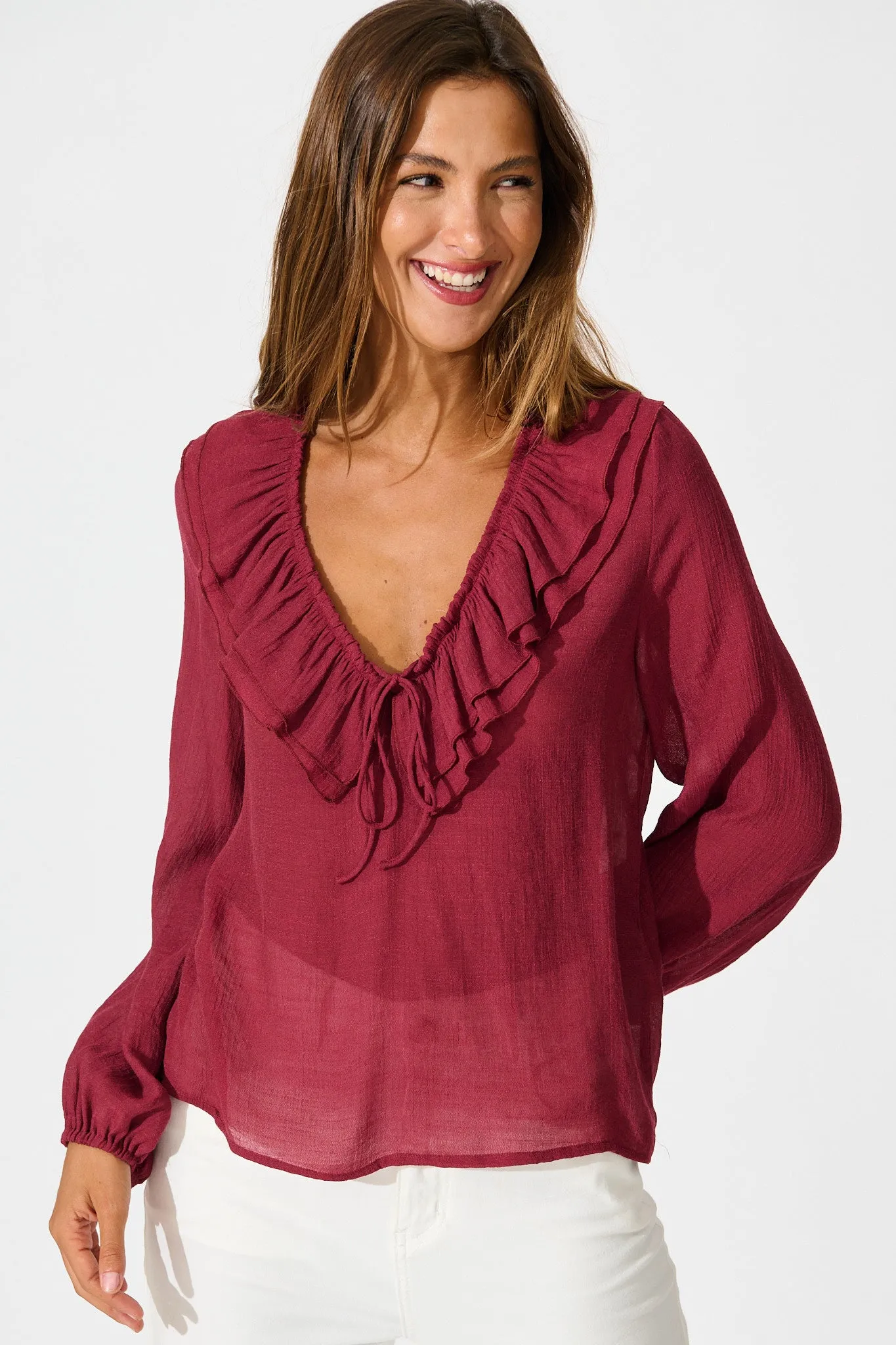 Ariella Top in Wine Cotton Blend sold by St Frock